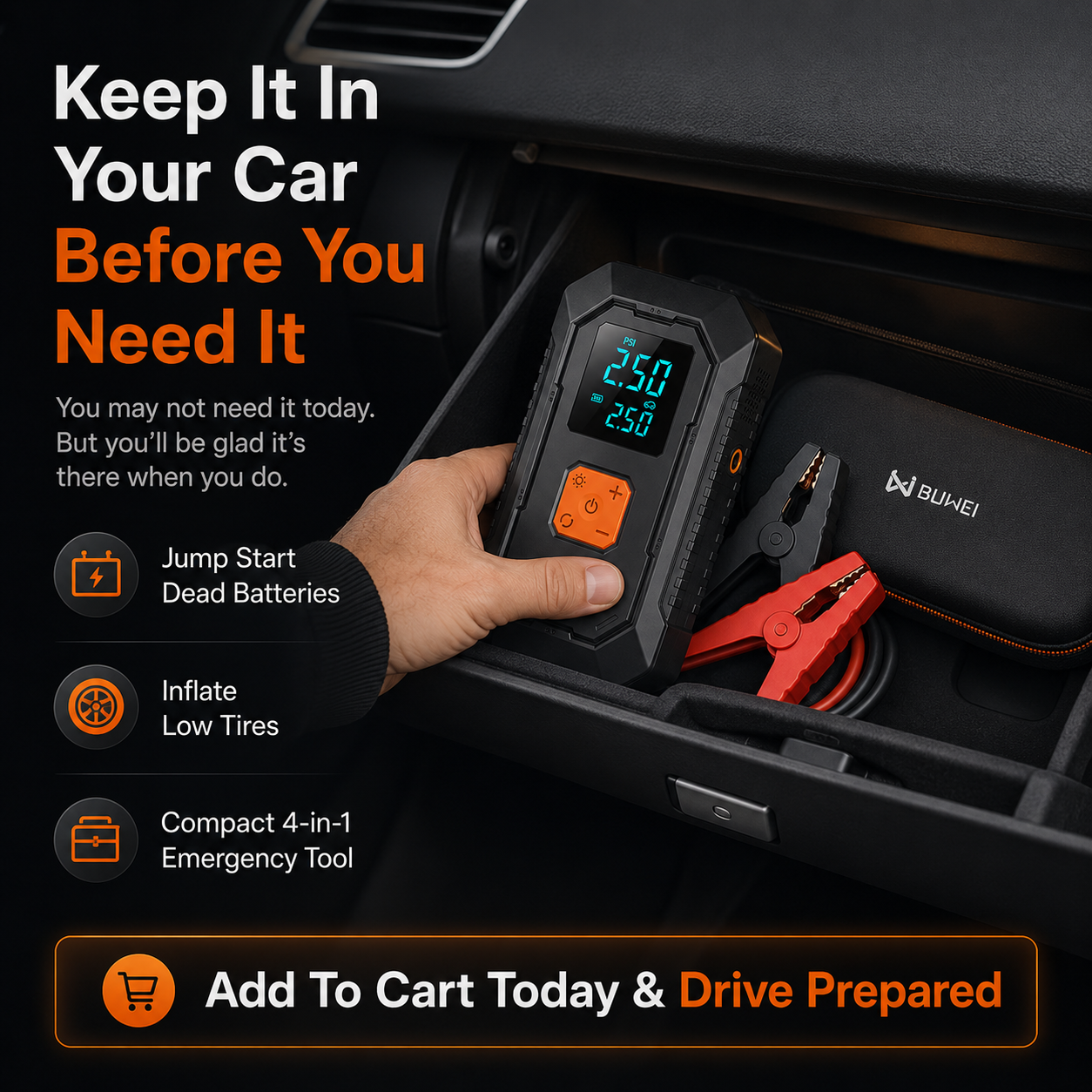 Portable Car Jump Starter & Tire Inflator — 4-in-1 Emergency Car Tool