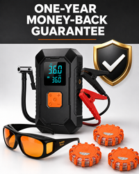 Night Driving Confidence Bundle (Portable Tire Inflator & Jump Starter, LED GlareCut™ Glasses, Emergency Roadside Magnetic Lights)