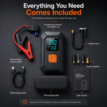 Portable Car Jump Starter & Tire Inflator — 4-in-1 Emergency Car Tool