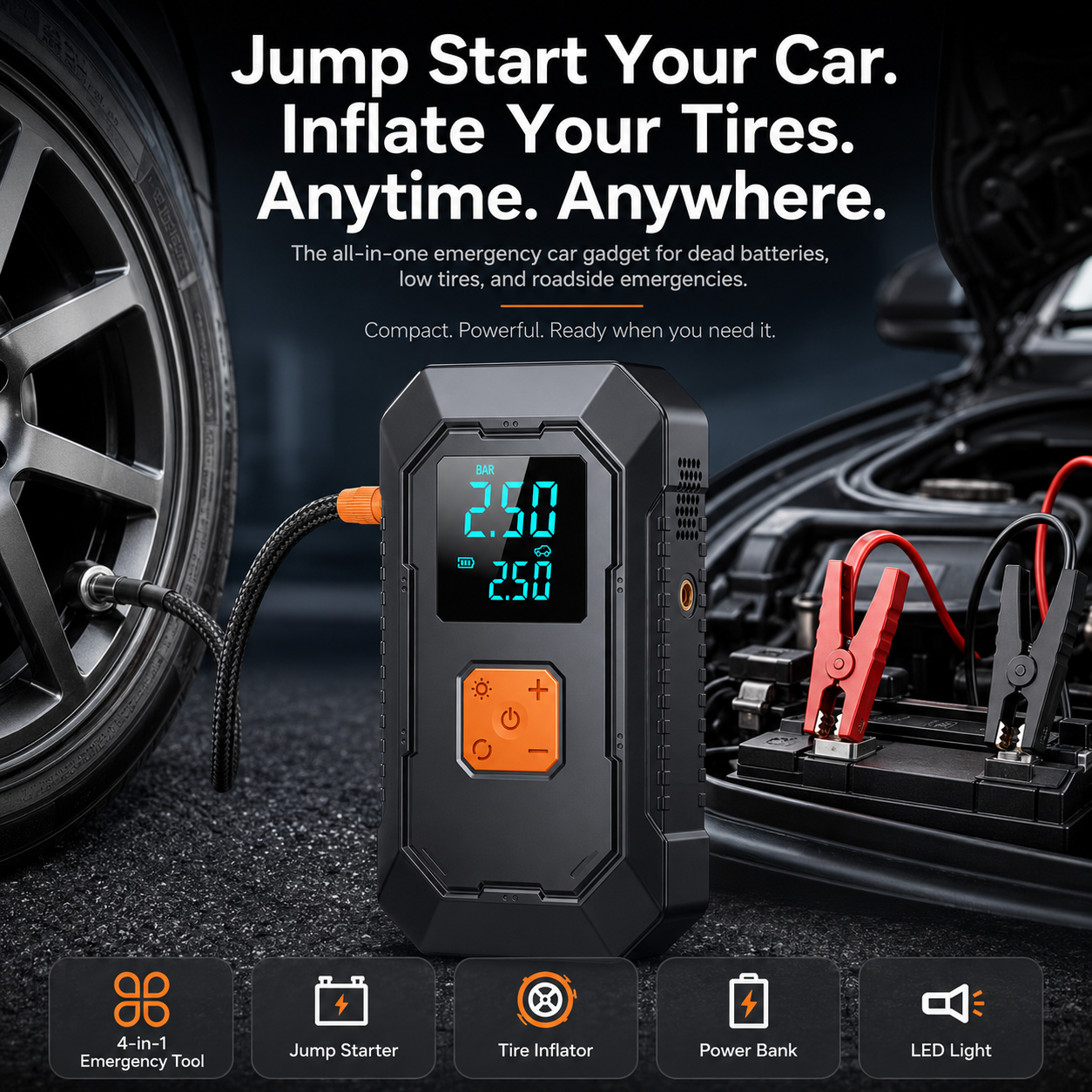 Portable Car Jump Starter & Tire Inflator — 4-in-1 Emergency Car Tool