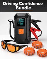 Night Driving Confidence Bundle (Portable Tire Inflator & Jump Starter, LED GlareCut™ Glasses, Emergency Roadside Magnetic Lights)