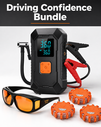 Night Driving Confidence Bundle (Portable Tire Inflator & Jump Starter, LED GlareCut™ Glasses, Emergency Roadside Magnetic Lights)