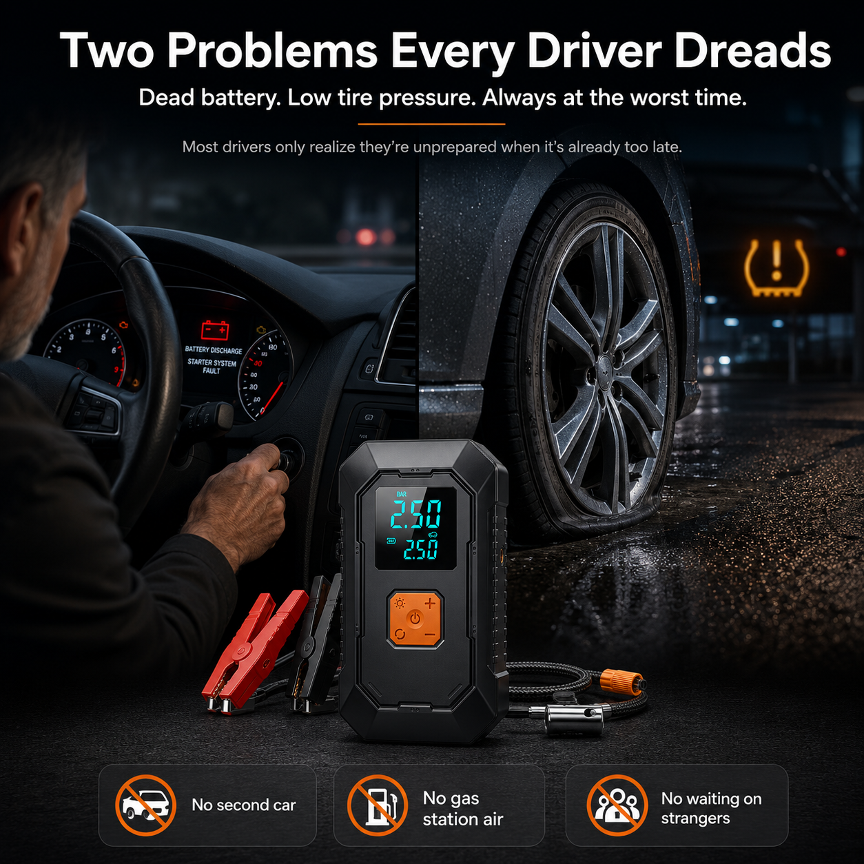 Portable Car Jump Starter & Tire Inflator — 4-in-1 Emergency Car Tool