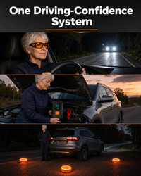 Night Driving Confidence Bundle (Portable Tire Inflator & Jump Starter, LED GlareCut™ Glasses, Emergency Roadside Magnetic Lights)