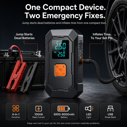 Portable Car Jump Starter & Tire Inflator — 4-in-1 Emergency Car Tool