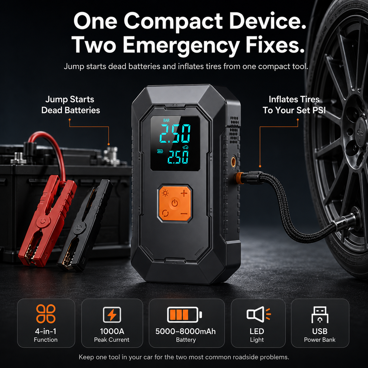 Portable Car Jump Starter & Tire Inflator — 4-in-1 Emergency Car Tool