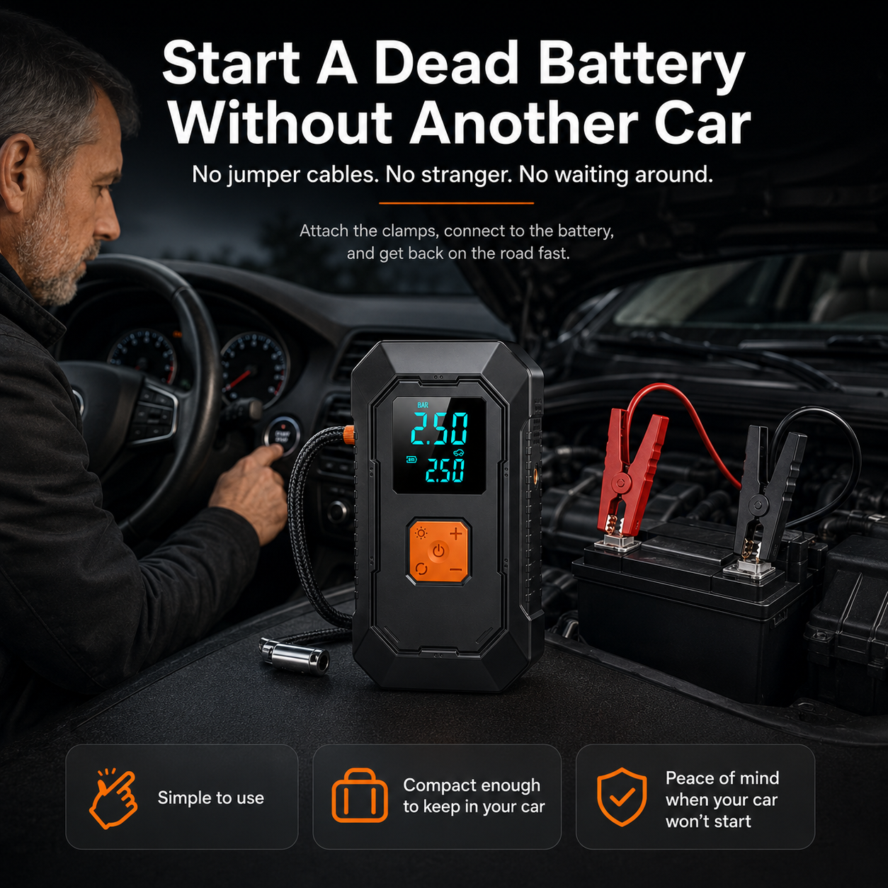 Portable Car Jump Starter & Tire Inflator — 4-in-1 Emergency Car Tool