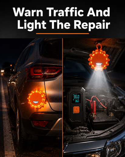 Night Driving Confidence Bundle (Portable Tire Inflator & Jump Starter, LED GlareCut™ Glasses, Emergency Roadside Magnetic Lights)
