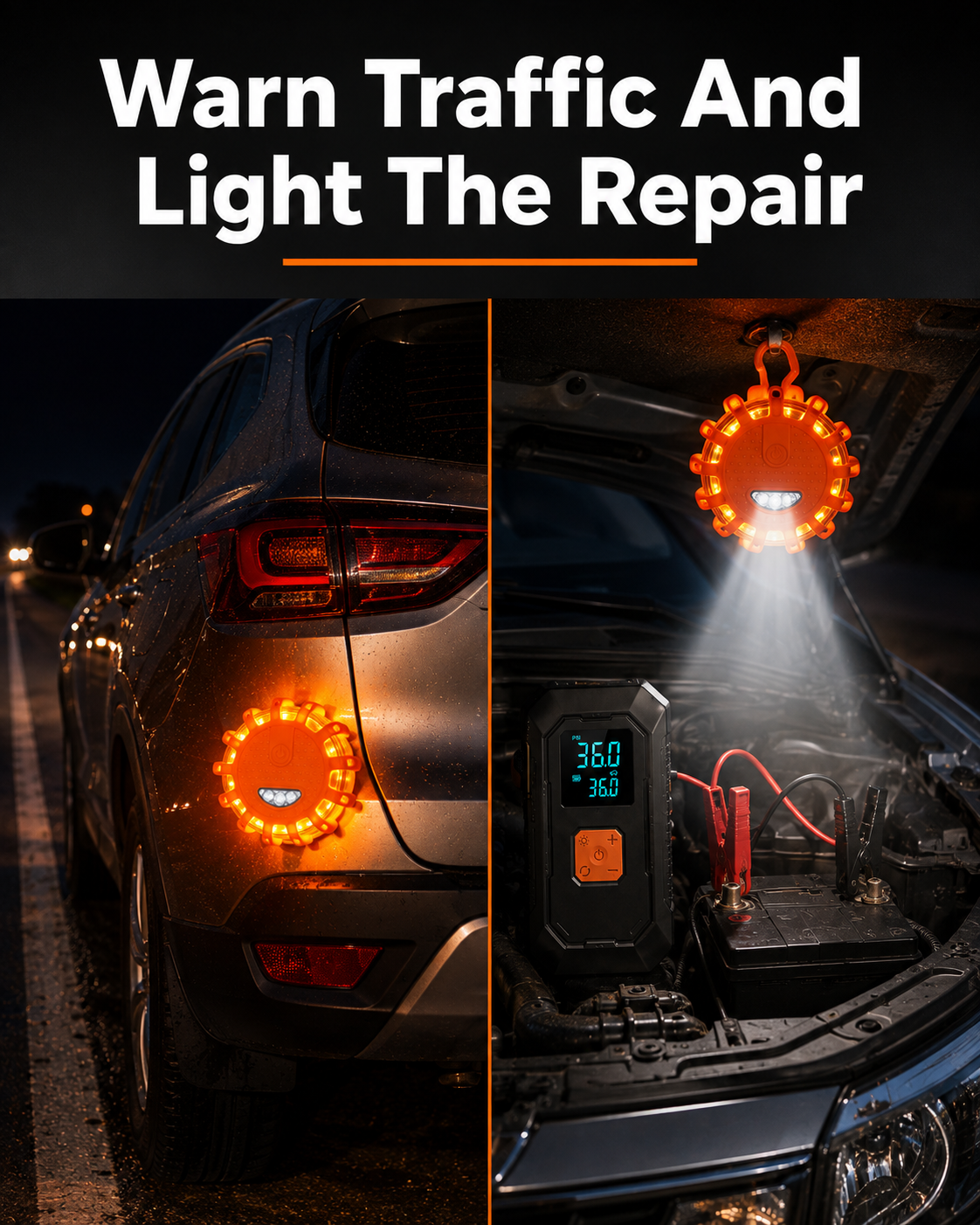 Night Driving Confidence Bundle (Portable Tire Inflator & Jump Starter, LED GlareCut™ Glasses, Emergency Roadside Magnetic Lights)
