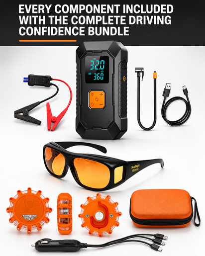 Night Driving Confidence Bundle (Portable Tire Inflator & Jump Starter, LED GlareCut™ Glasses, Emergency Roadside Magnetic Lights)