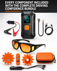 Night Driving Confidence Bundle (Portable Tire Inflator & Jump Starter, LED GlareCut™ Glasses, Emergency Roadside Magnetic Lights)
